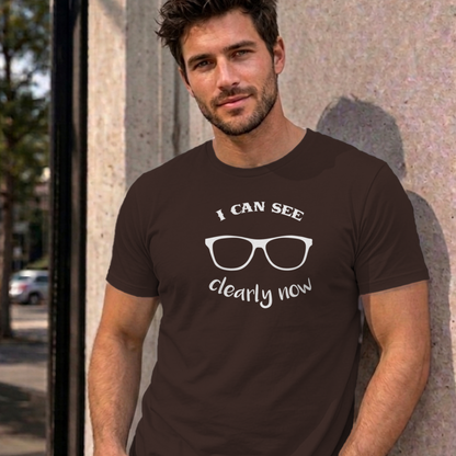 Man wearing the dark chocolate I Can See Clearly Now graphic tee
