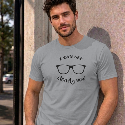 Man wearing the sport grey I Can See Clearly Now graphic tee