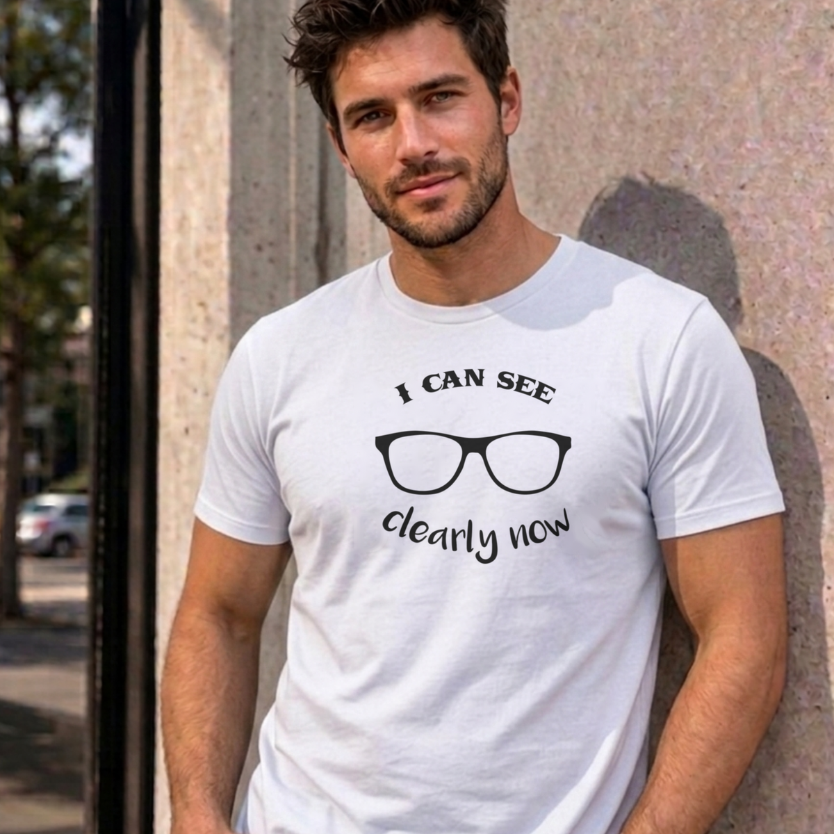 Man wearing the white I Can See Clearly Now graphic tee