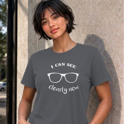Woman wearing the charcoal I Can See Clearly Now graphic tee