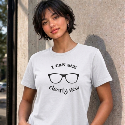 Woman wearing the white I Can See Clearly Now graphic tee