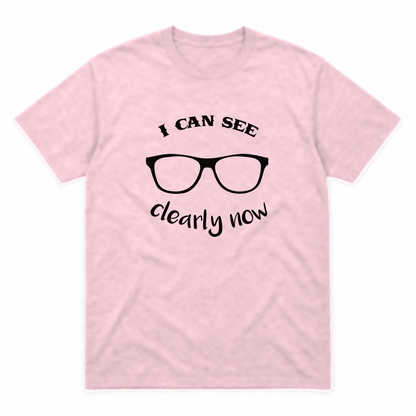 I Can See Clearly Now graphic tee in light pink with black print, front view