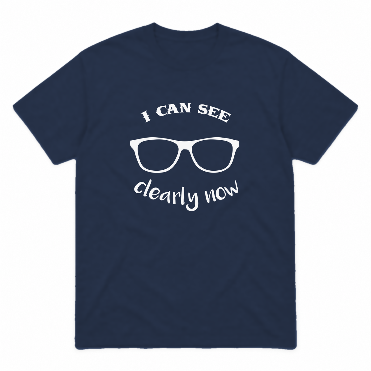I Can See Clearly Now graphic tee in navy with white print, front view