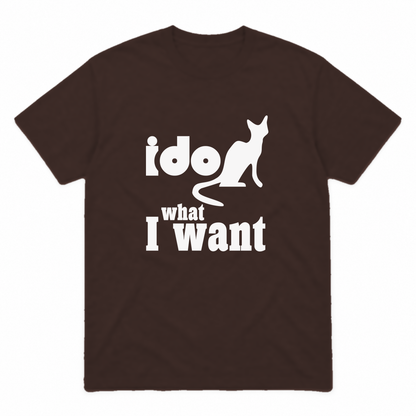 I Do What I Want graphic tee in dark chocolate with white print, front view