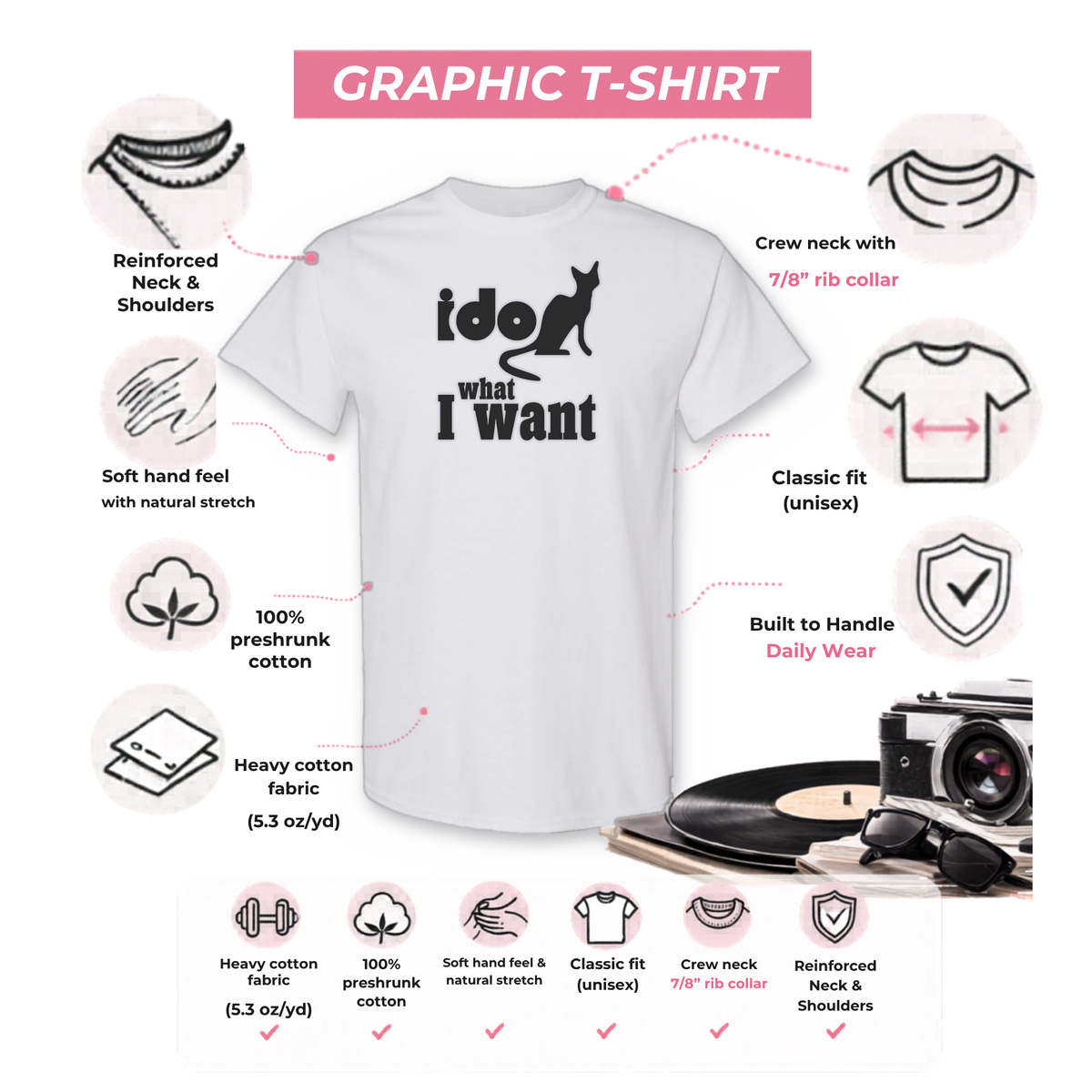 Gildan 5000 graphic tee features: reinforced neck, rib collar, classic unisex fit, heavy cotton