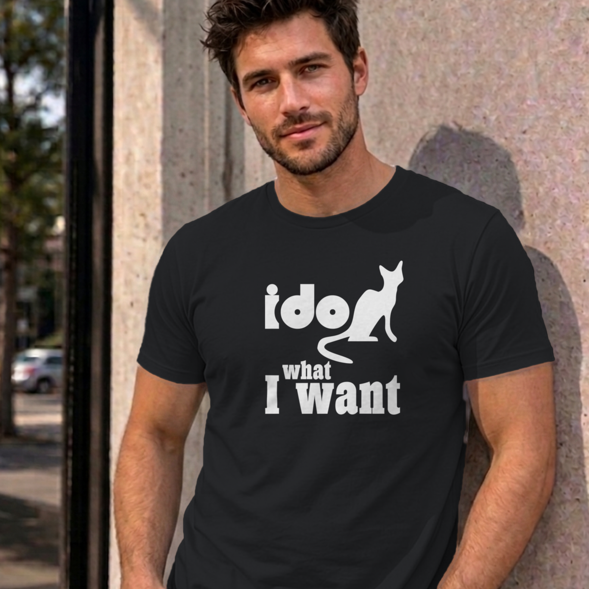 Man wearing the black I Do What I Want graphic tee