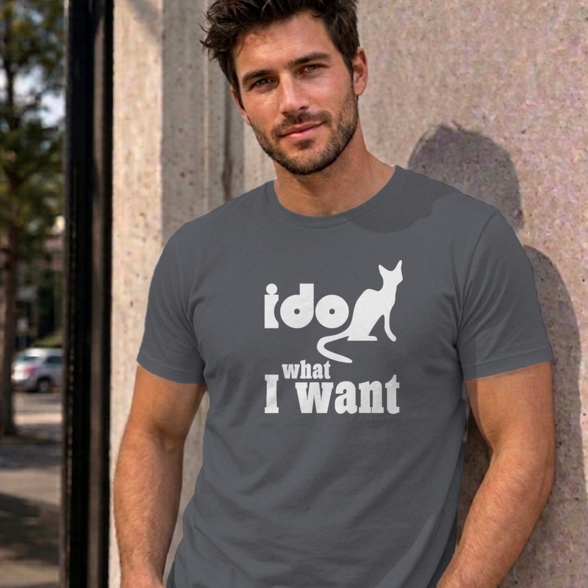 Man wearing the charcoal I Do What I Want graphic tee