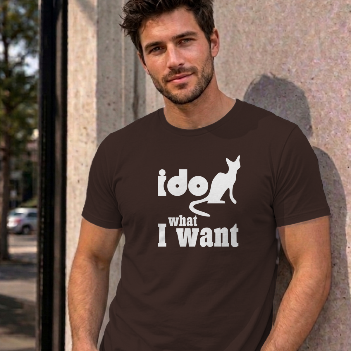 Man wearing the dark chocolate I Do What I Want graphic tee