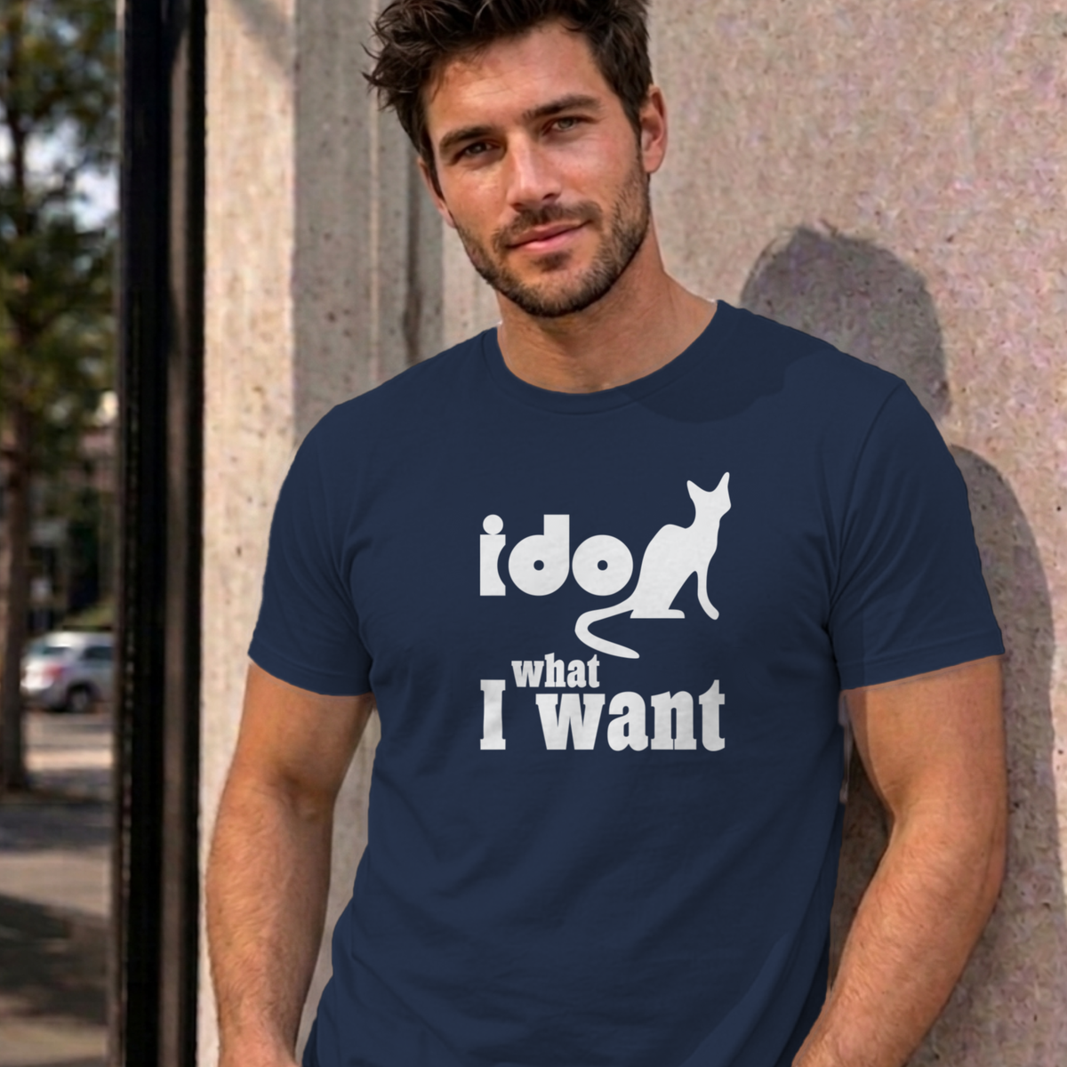 Man wearing the navy I Do What I Want graphic tee