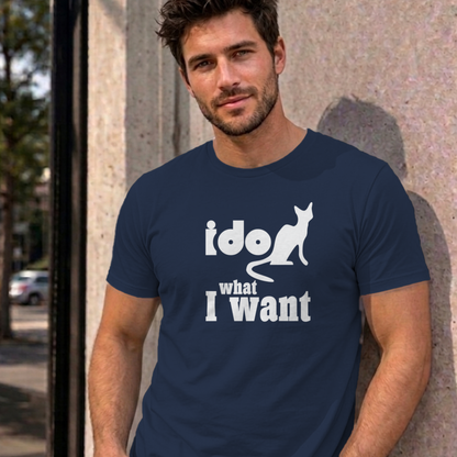 Man wearing the navy I Do What I Want graphic tee