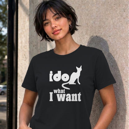 Woman wearing the black I Do What I Want graphic tee