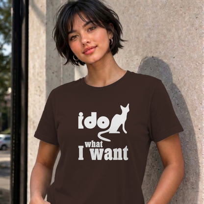 Woman wearing the dark chocolate I Do What I Want graphic tee