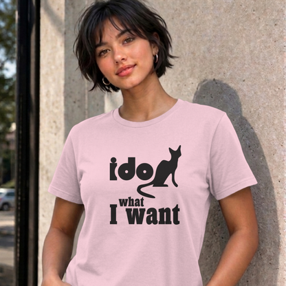Woman wearing the light pink I Do What I Want graphic tee