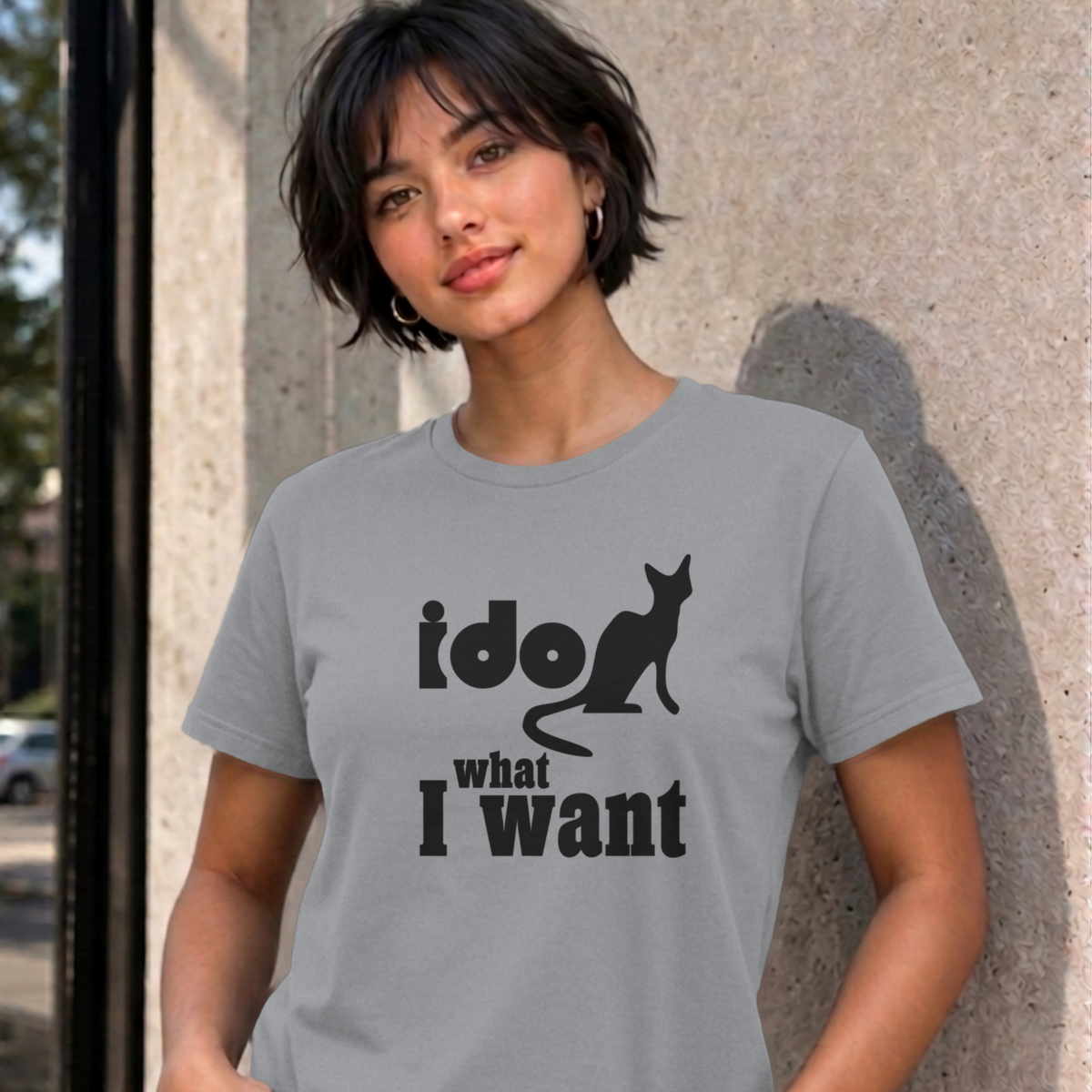 Woman wearing the sport grey I Do What I Want graphic tee