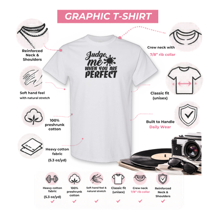 Gildan 5000 graphic tee features: reinforced neck, rib collar, classic unisex fit, heavy cotton