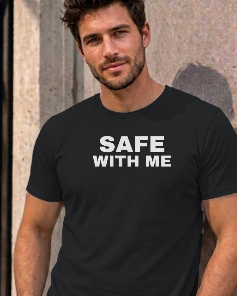 Man wearing the black Safe With Me graphic tee