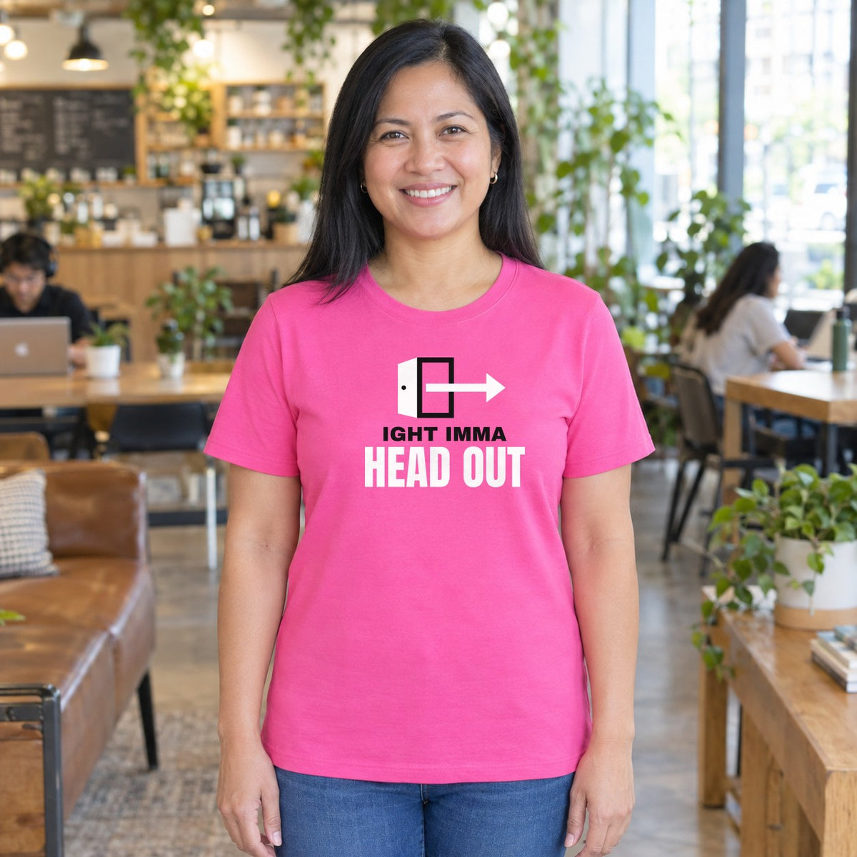 Woman wearing the azalea Ight Imma Head Out graphic tee