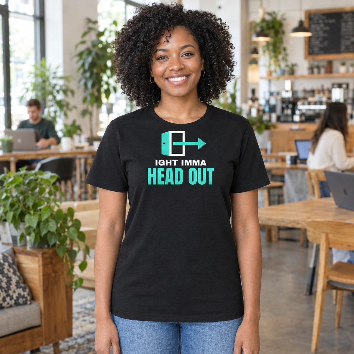 Woman wearing the black Ight Imma Head Out graphic tee