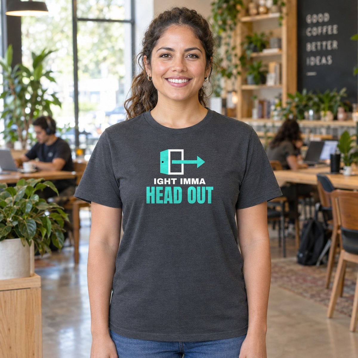 Woman wearing the charcoal Ight Imma Head Out graphic tee