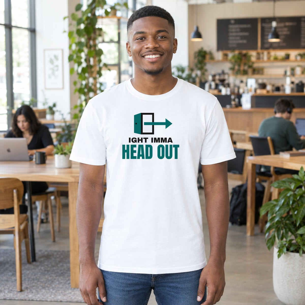 Man wearing the white Ight Imma Head Out graphic tee