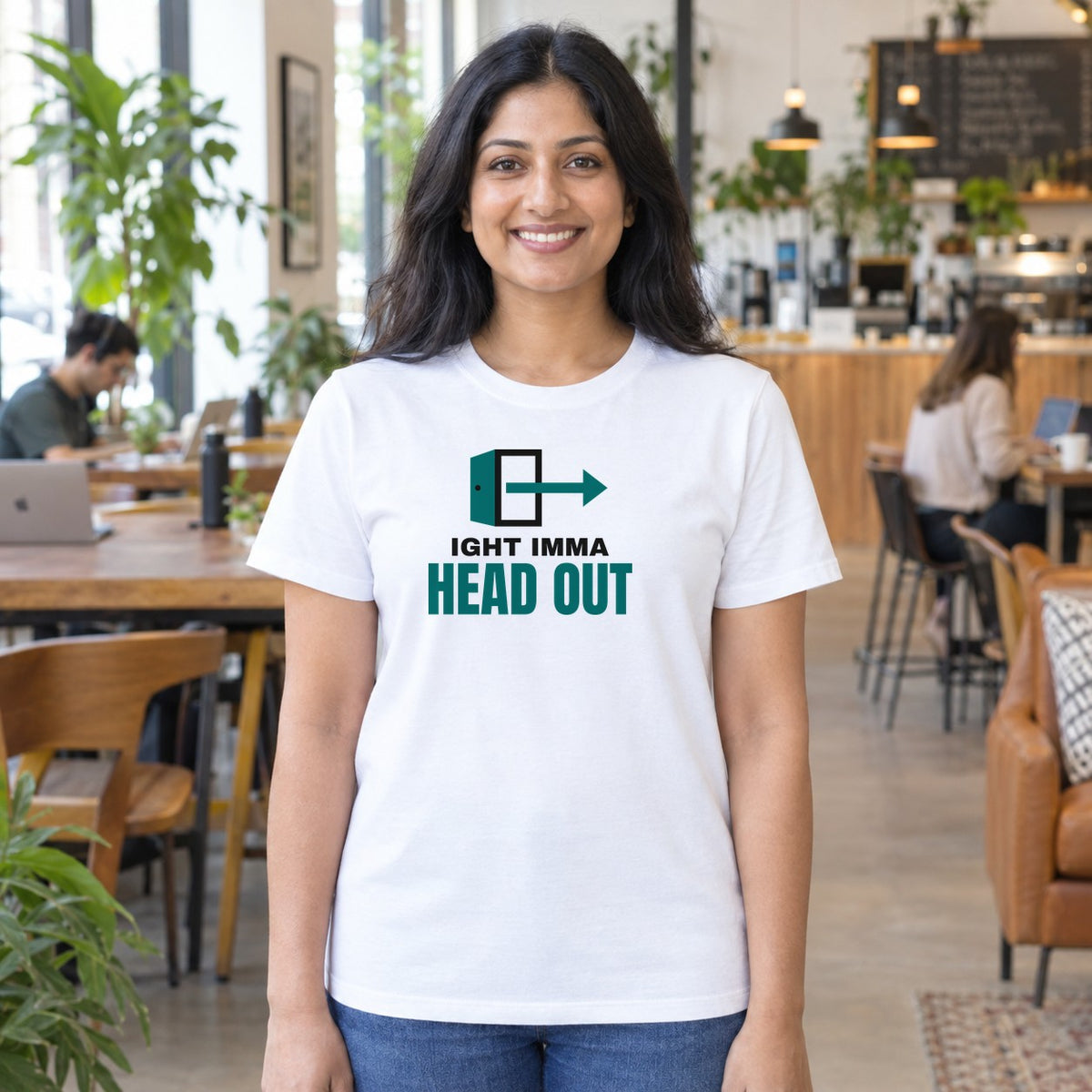 Woman wearing the white Ight Imma Head Out graphic tee