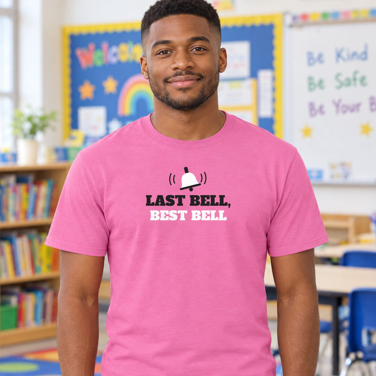 Man wearing the azalea Last Bell, Best Bell graphic tee