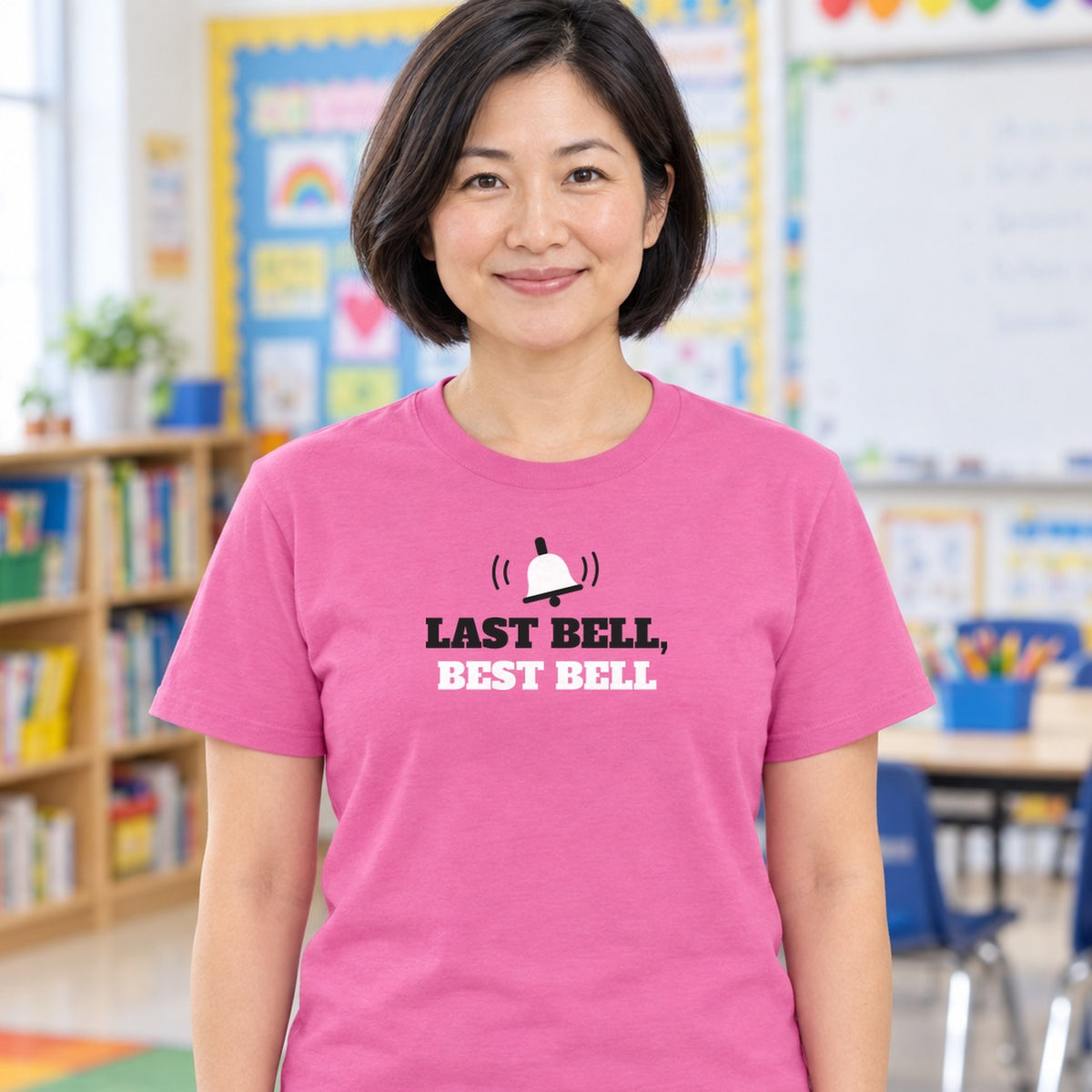 Woman wearing the azalea Last Bell, Best Bell graphic tee