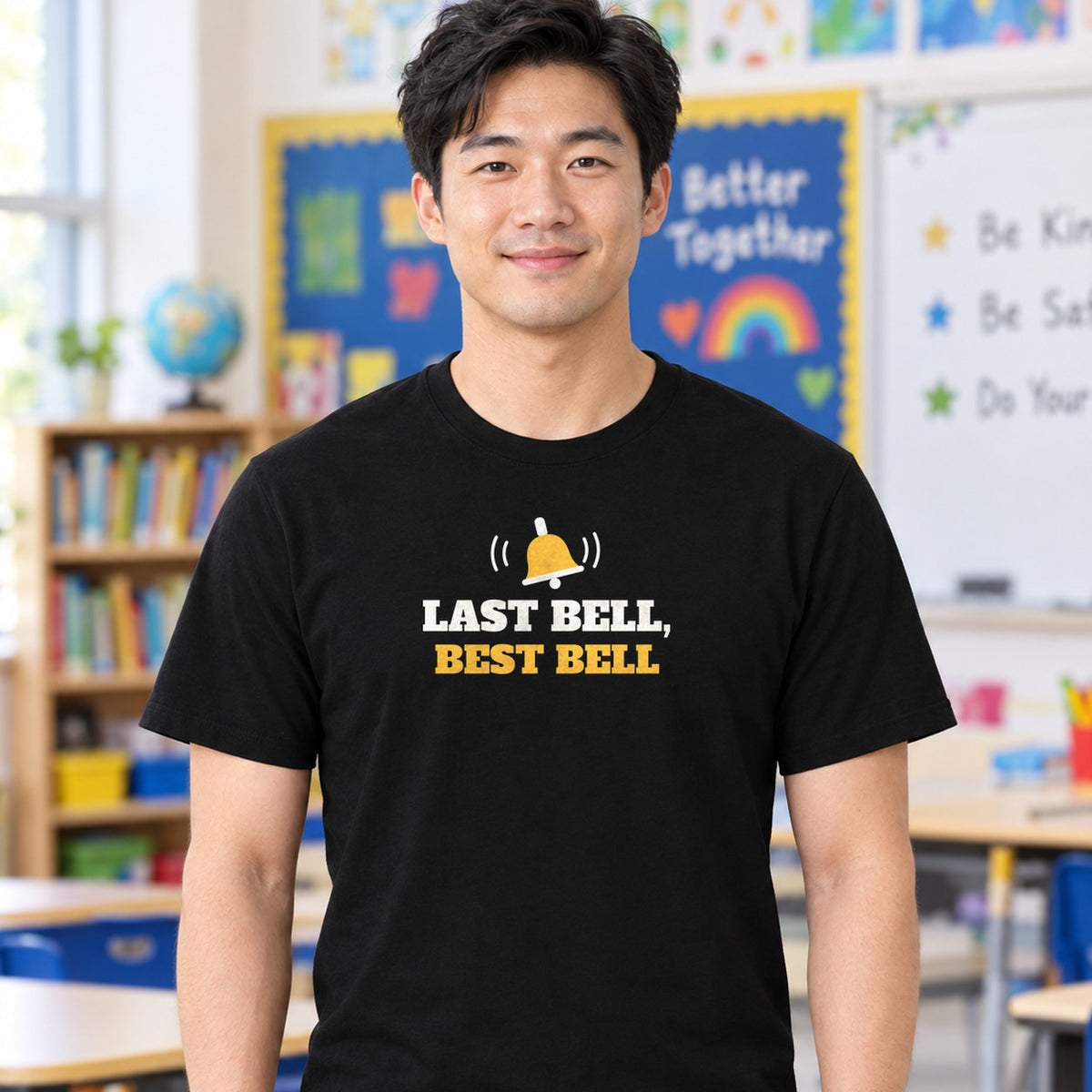 Man wearing the black Last Bell, Best Bell graphic tee