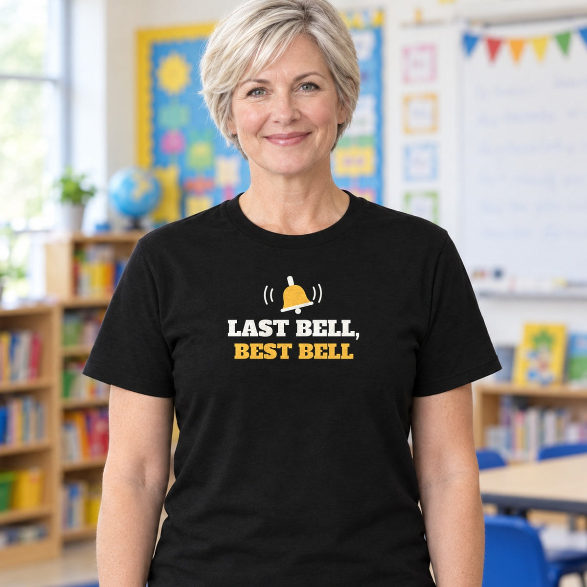Woman wearing the black Last Bell, Best Bell graphic tee