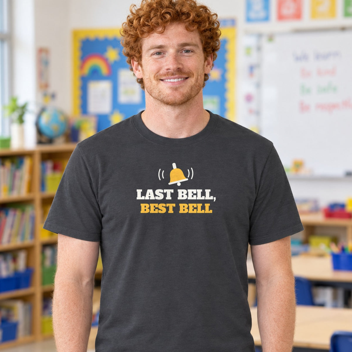 Man wearing the charcoal Last Bell, Best Bell graphic tee