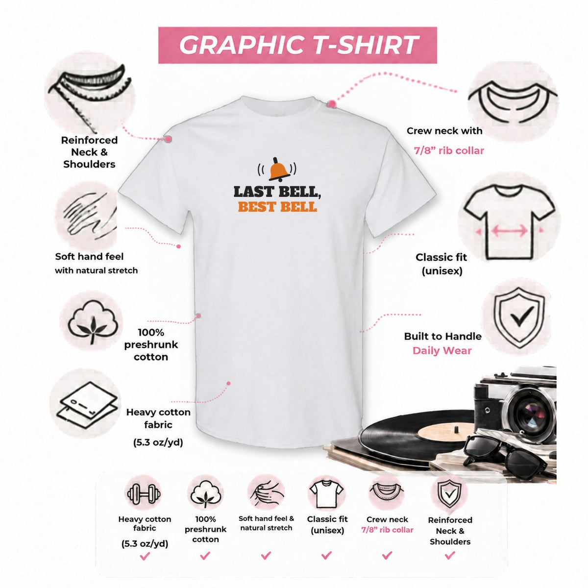 Gildan 5000 graphic tee features: reinforced neck, rib collar, classic unisex fit, heavy cotton