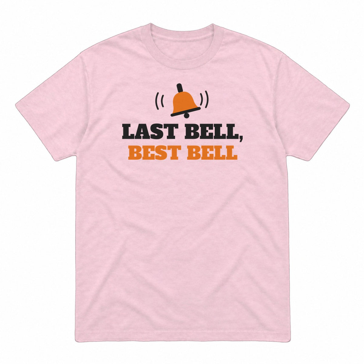 Last Bell, Best Bell graphic tee in light pink, front view