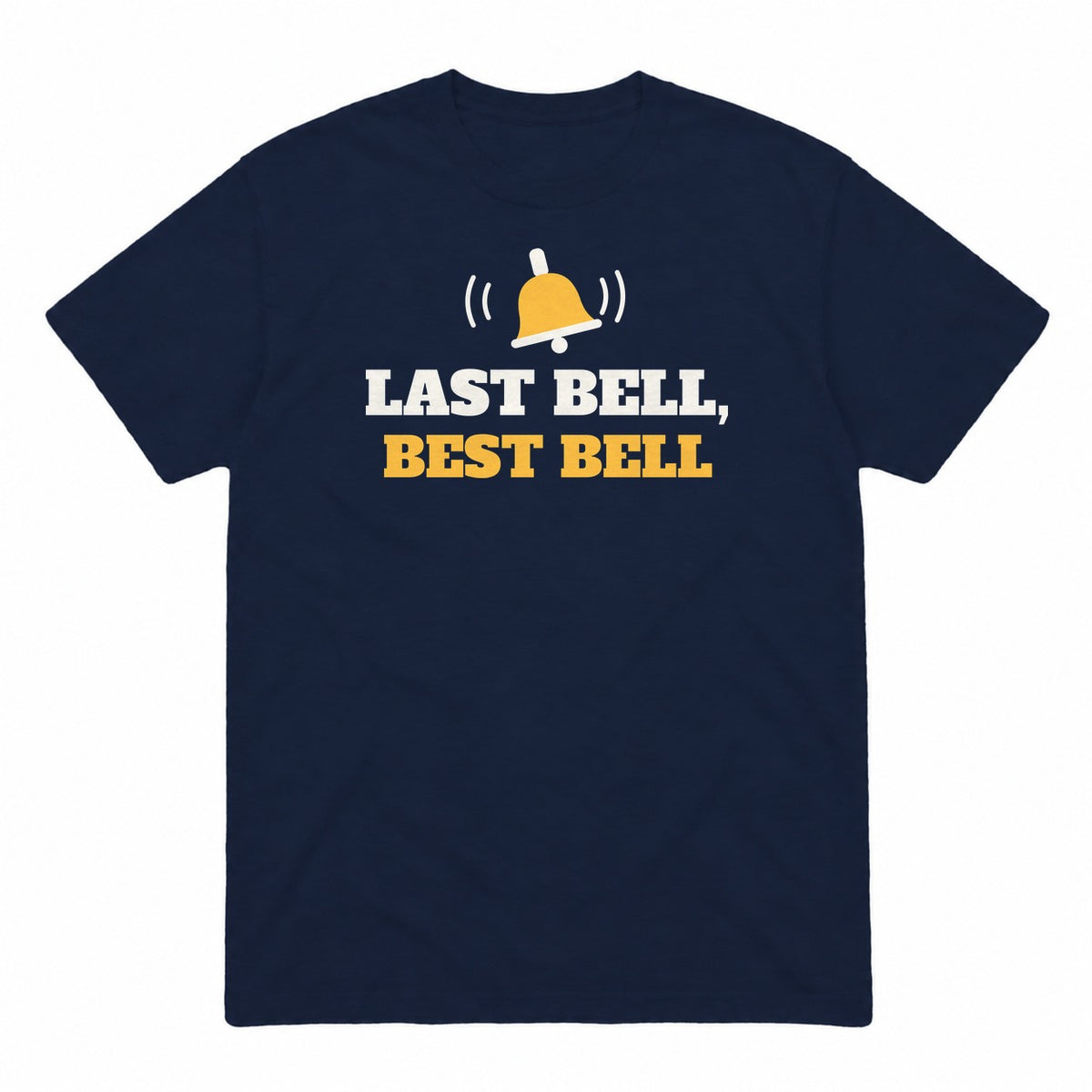 Last Bell, Best Bell graphic tee in navy, front view