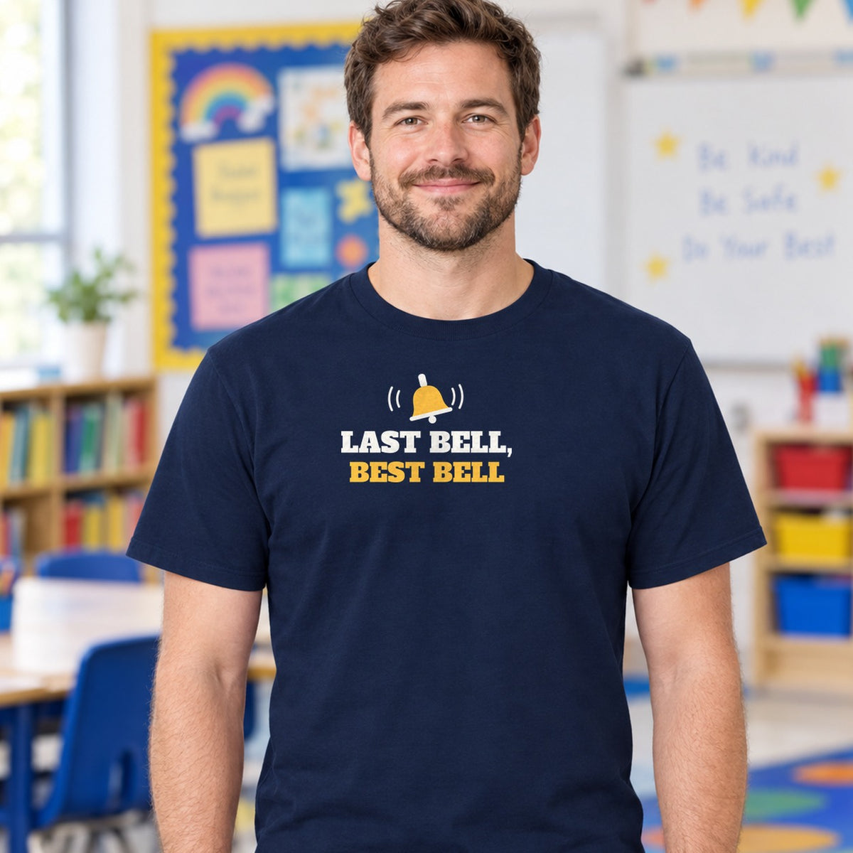 Man wearing the navy Last Bell, Best Bell graphic tee