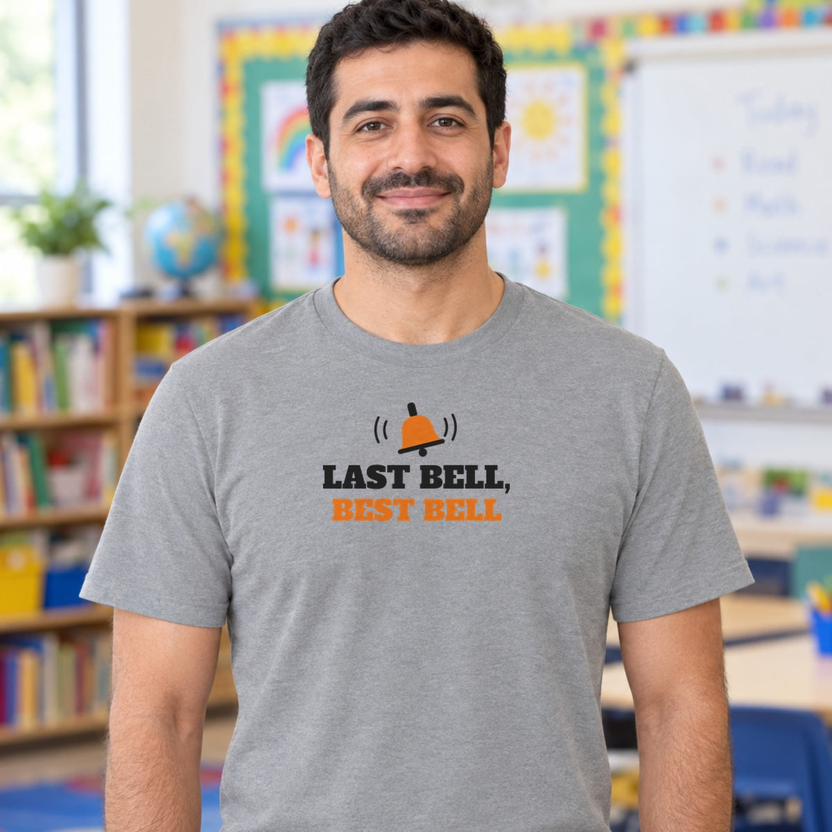 Man wearing the sport grey Last Bell, Best Bell graphic tee