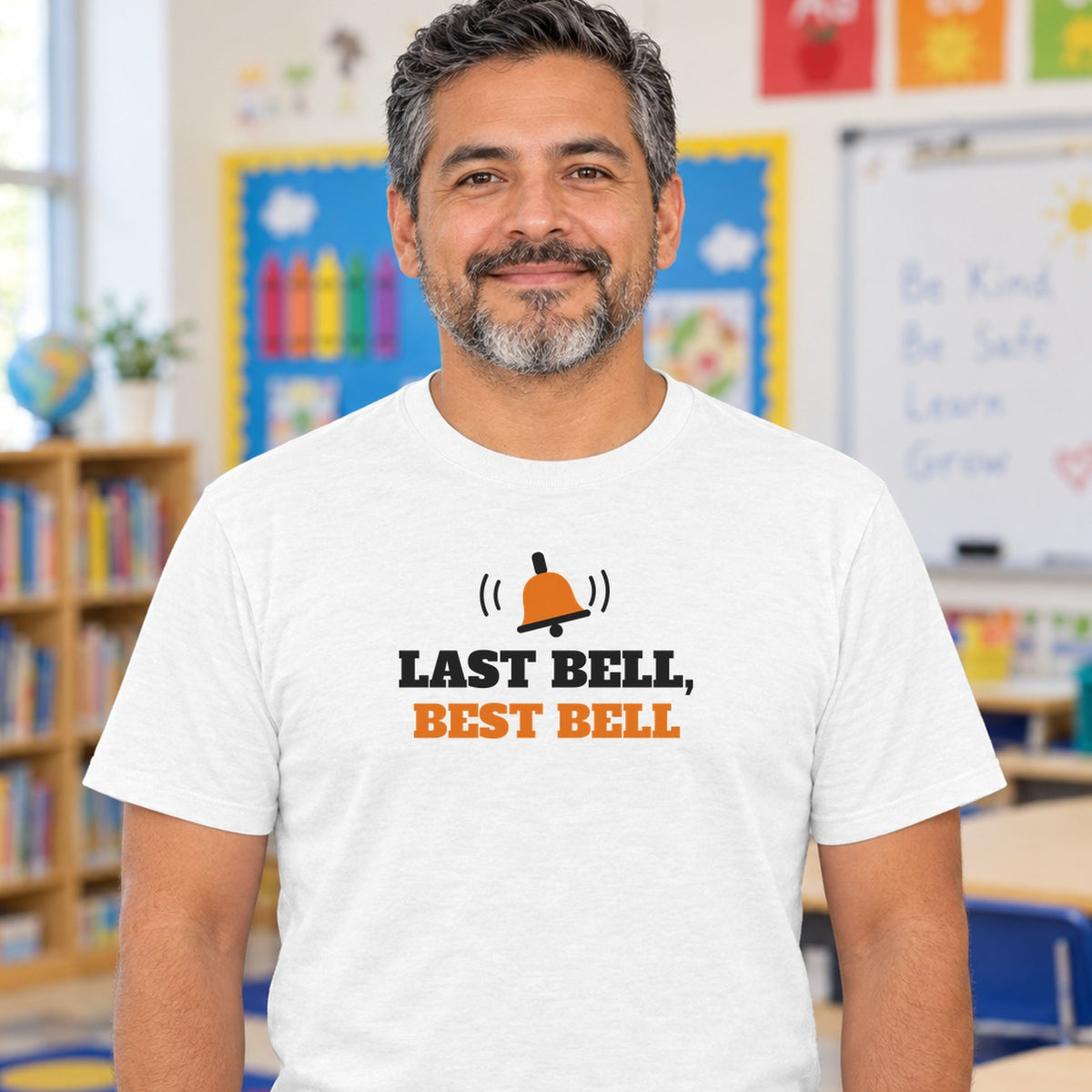 Man wearing the white Last Bell, Best Bell graphic tee