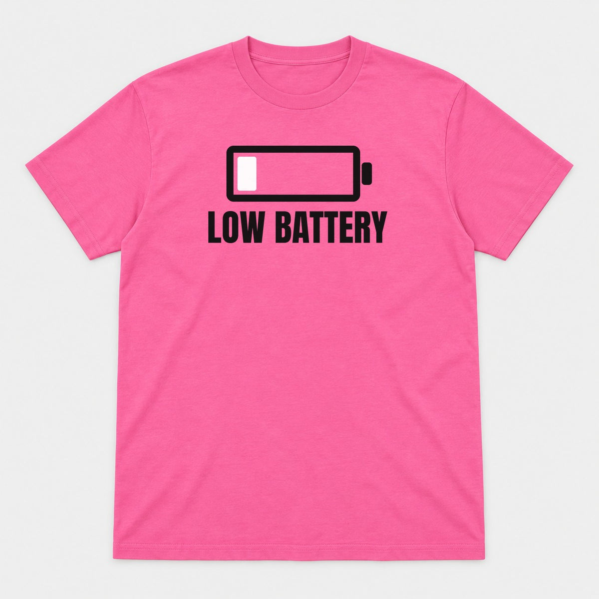 Low Battery graphic tee in azalea, front view
