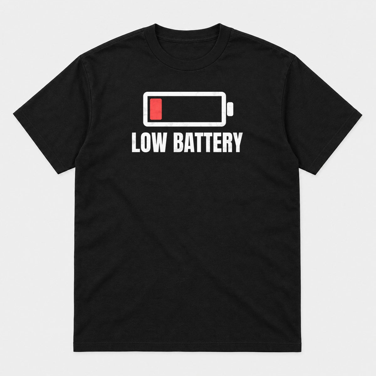 Low Battery graphic tee in black, front view