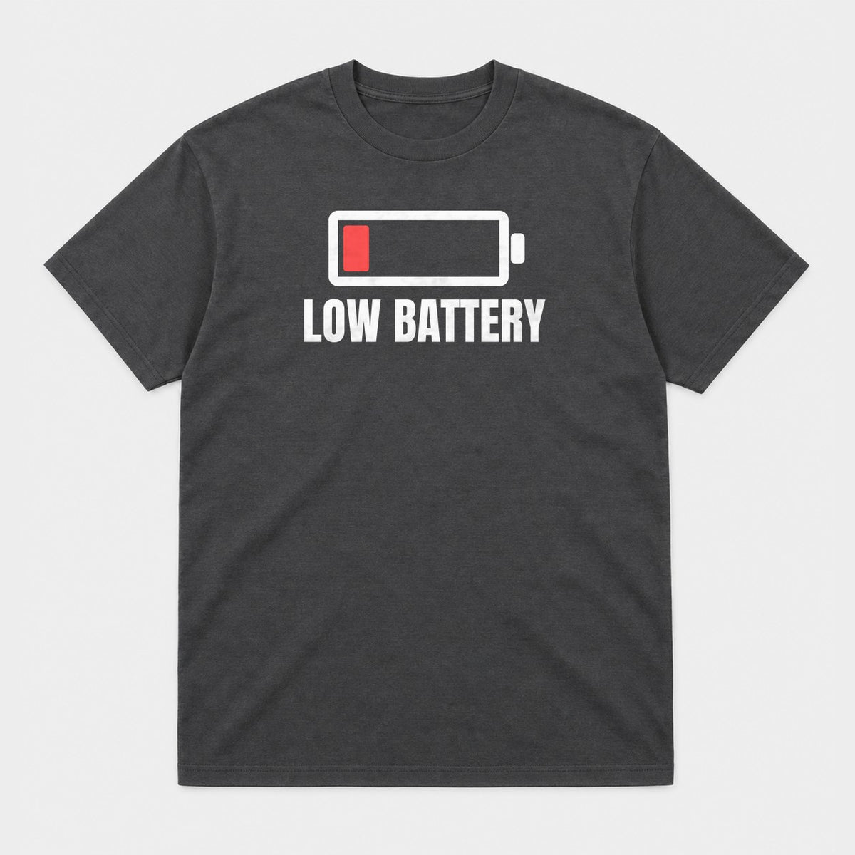 Low Battery graphic tee in charcoal, front view