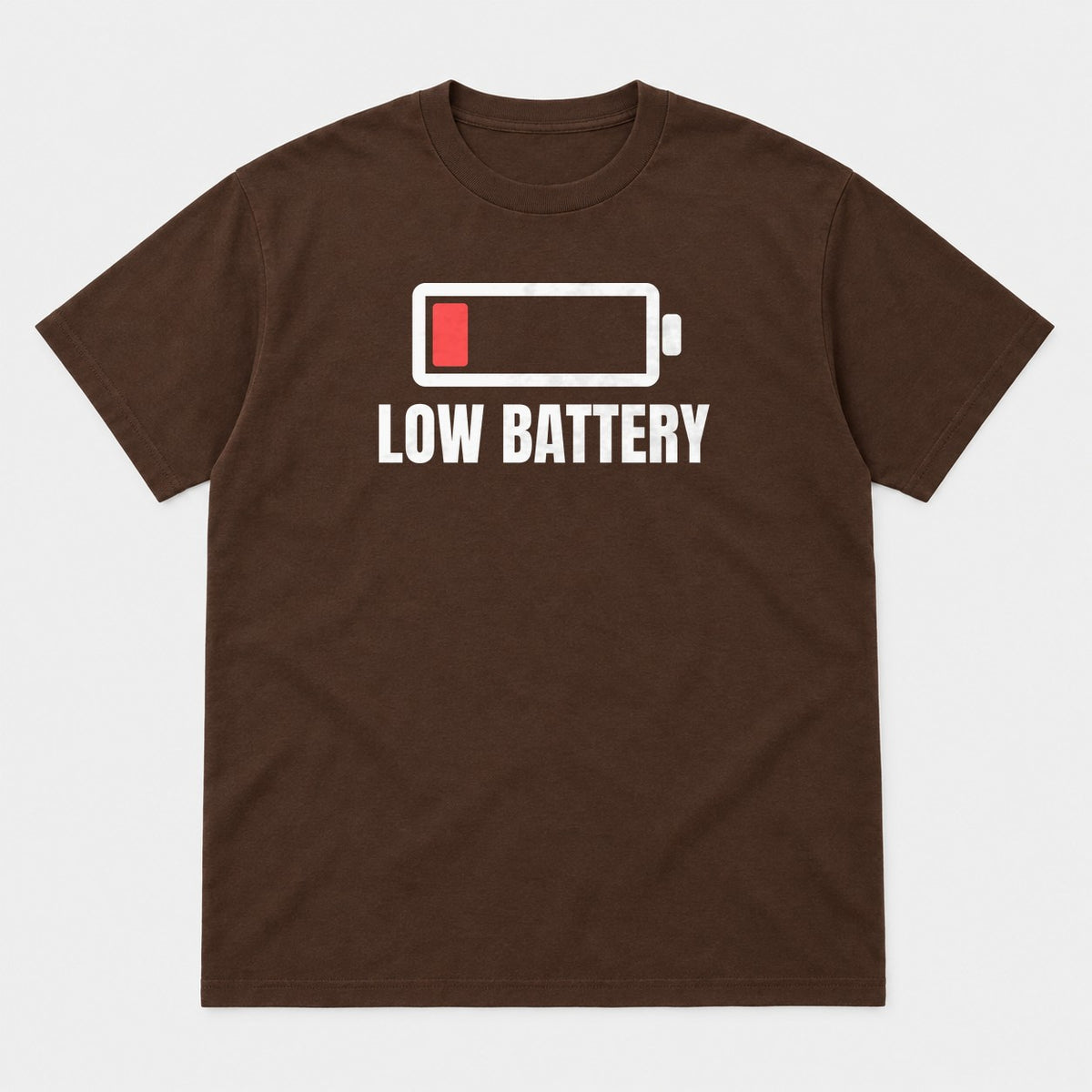 Low Battery graphic tee in dark chocolate, front view