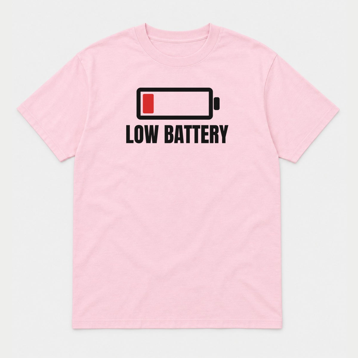 Low Battery graphic tee in light pink, front view