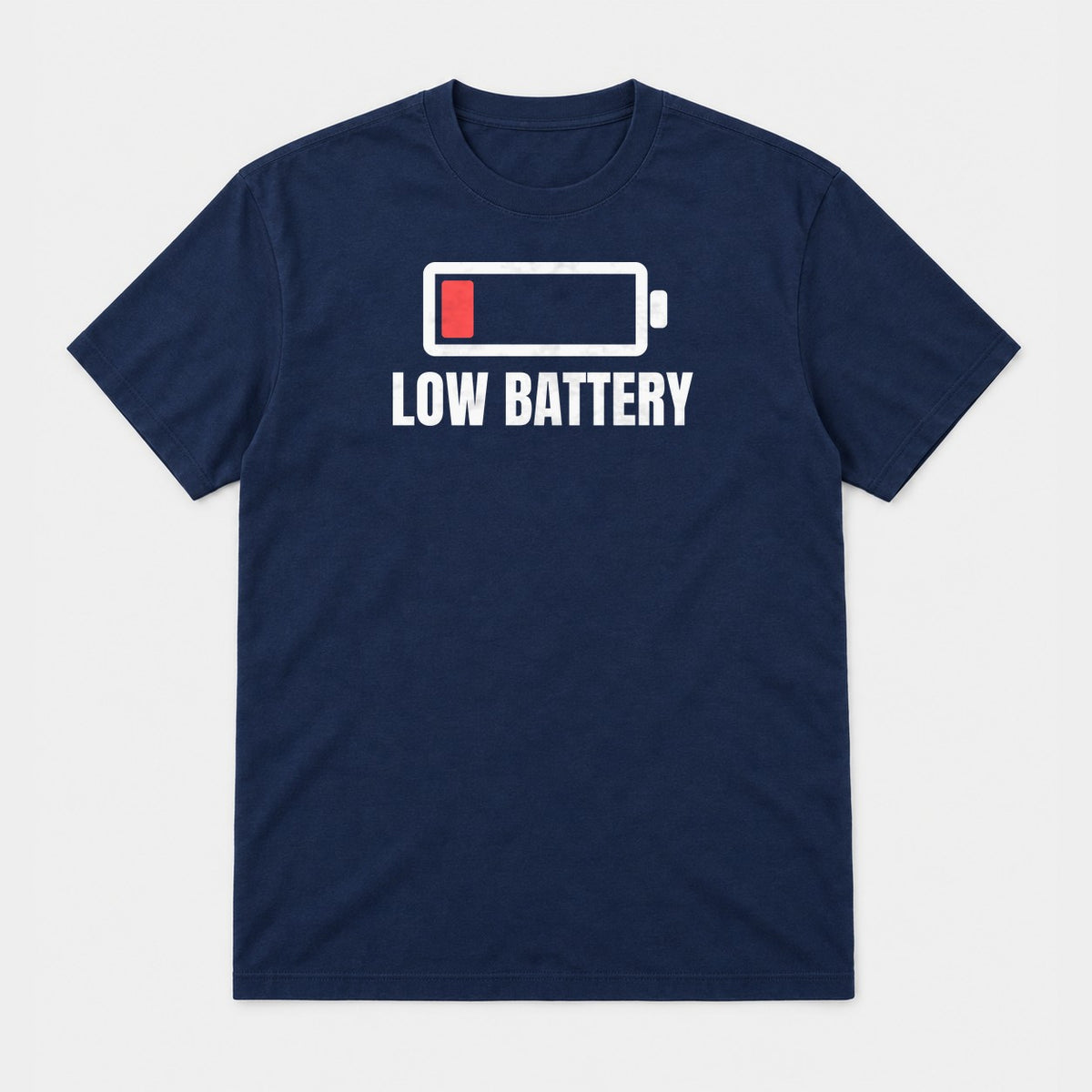 Low Battery graphic tee in navy, front view