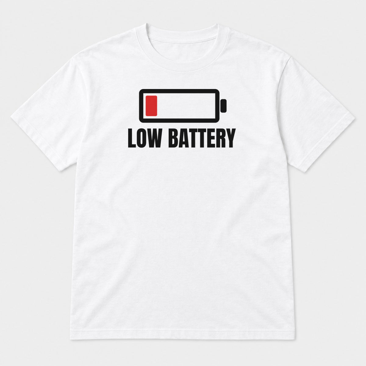 Low Battery graphic tee in white, front view