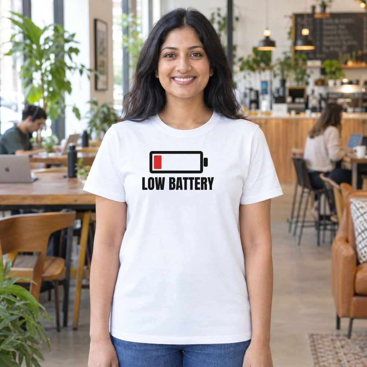 Woman wearing the white Low Battery graphic tee