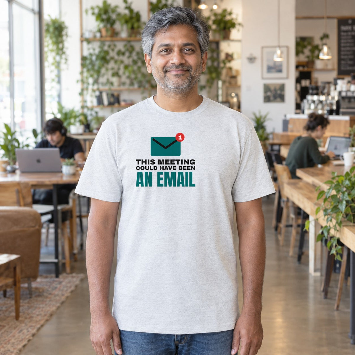 Man wearing the ash Could Have Been an Email graphic tee