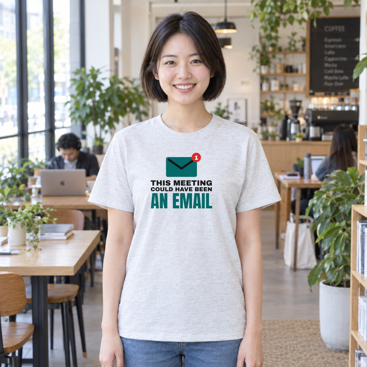 Woman wearing the ash Could Have Been an Email graphic tee