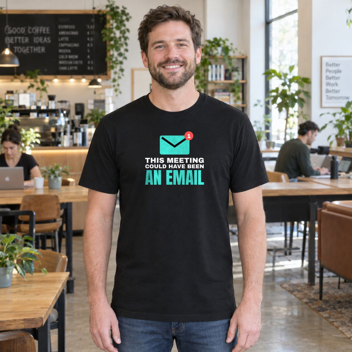 Man wearing the black Could Have Been an Email graphic tee