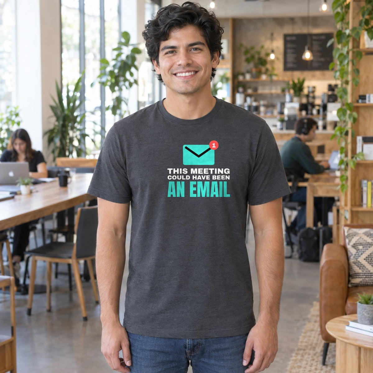 Man wearing the charcoal Could Have Been an Email graphic tee