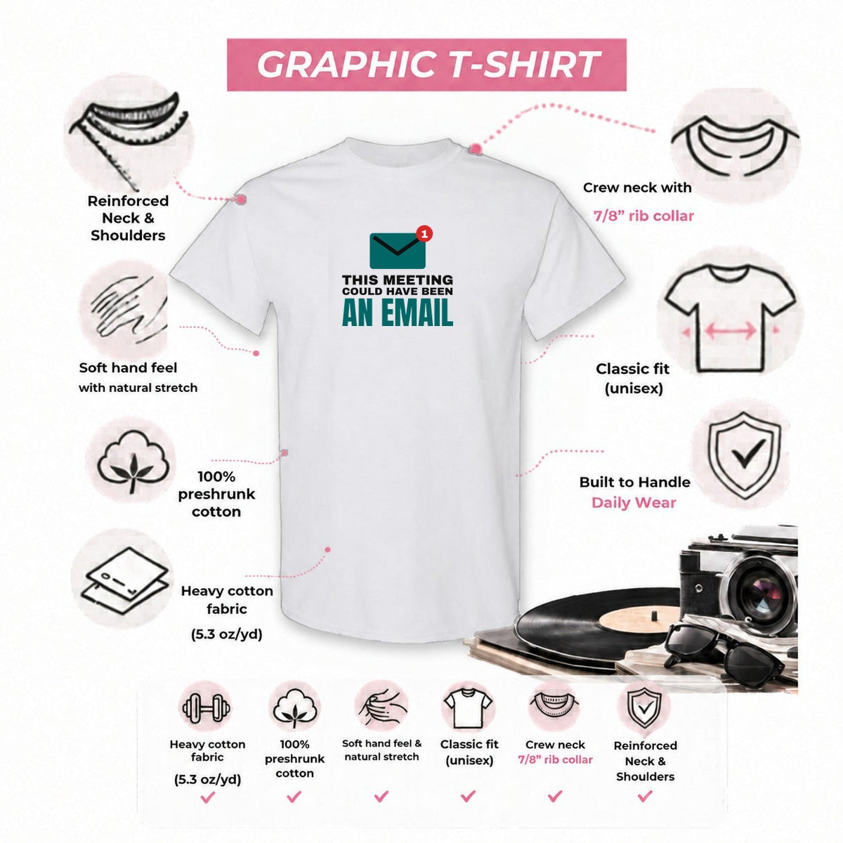 Gildan 5000 graphic tee features: reinforced neck, rib collar, classic unisex fit, heavy cotton