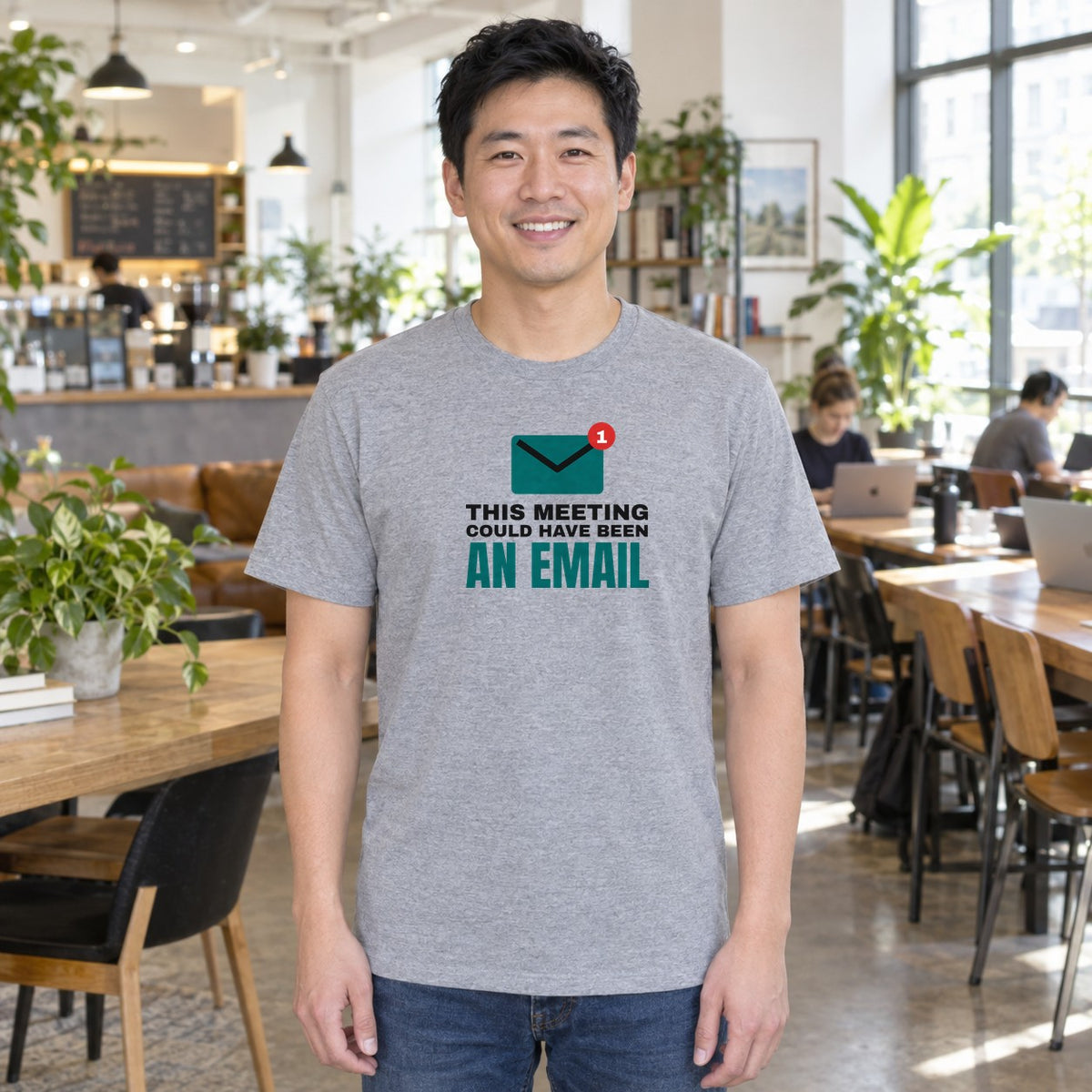 Man wearing the sport grey Could Have Been an Email graphic tee